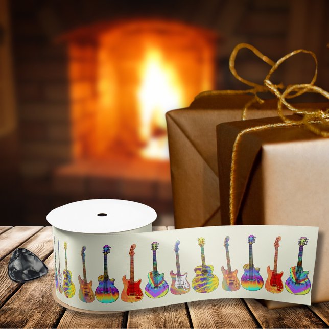 Colorful guitars satin ribbon (Funky psychedelic colorful guitars wrapping ribbon for guitarist musician songwriter music lovers)