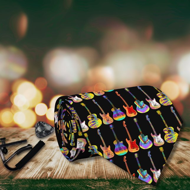 Colorful guitars watercolor pattern neck tie (Colorful guitar pattern black tie for guitarists, musicians, guitar teachers and music lovers)