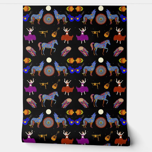 Colorful Gypsy Caravan Folk Art Wallpaper (Unrolling)