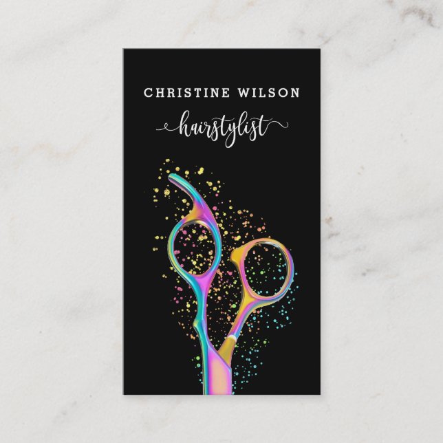 •colorful hairdresser scissors logo on black business card (Front)