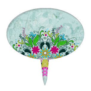 Colorful Half Circle Retro Floral Swirls Cake Topper