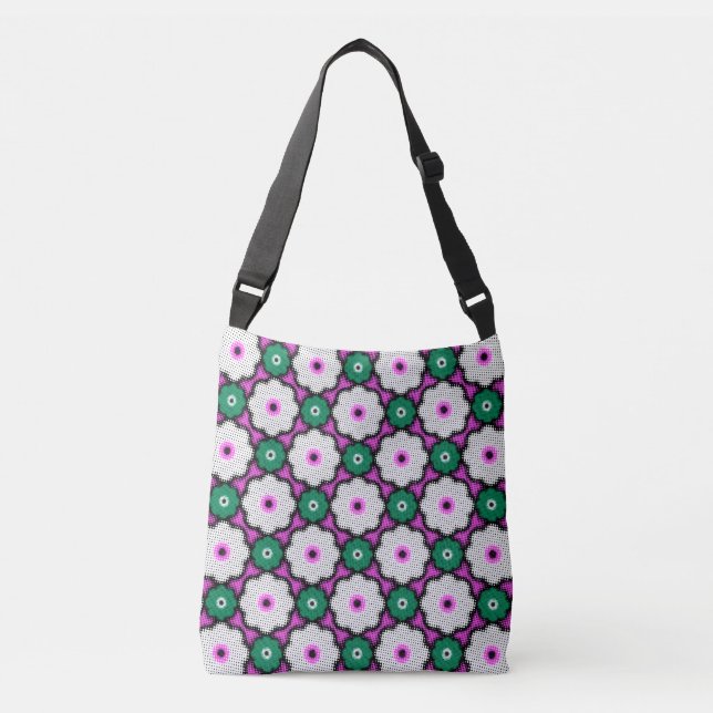 Colorful halftone flowers - pink and green crossbody bag (Front)