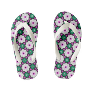 Colorful halftone flowers - pink and green kid's flip flops
