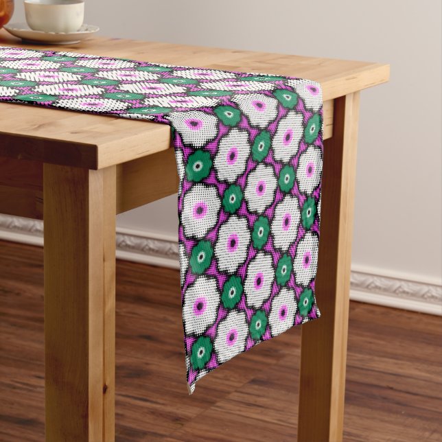 Colorful halftone flowers - pink and green long table runner (In Situ)