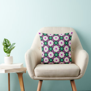 Colorful halftone flowers - pink and green throw pillow