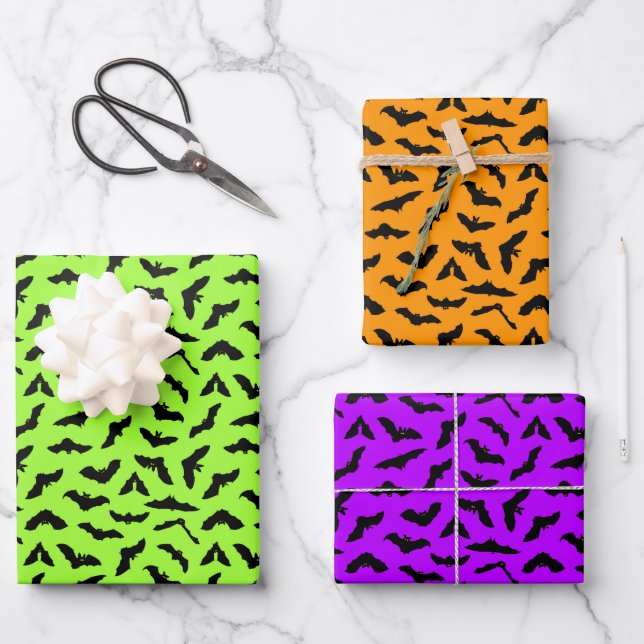 Colorful Halloween Bat Pattern Wrapping Paper Sheets (Front)