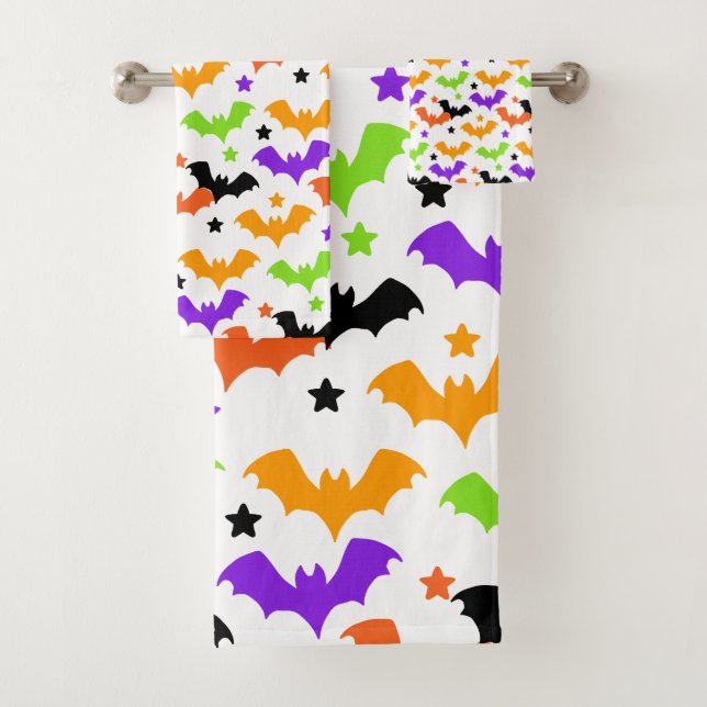 Colorful Halloween Bats Shower Curtain Bath Towel Set (Insitu)