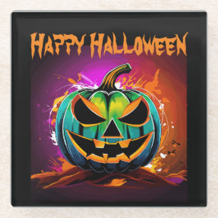 Colorful Halloween Creepy Pumpkin Black Glass Coaster