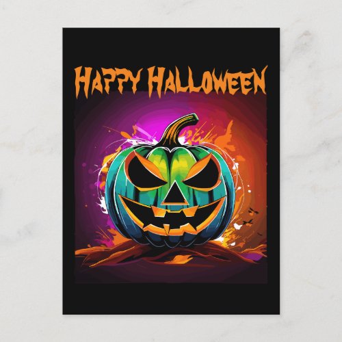 Colorful Halloween Creepy Pumpkin Black Postcard