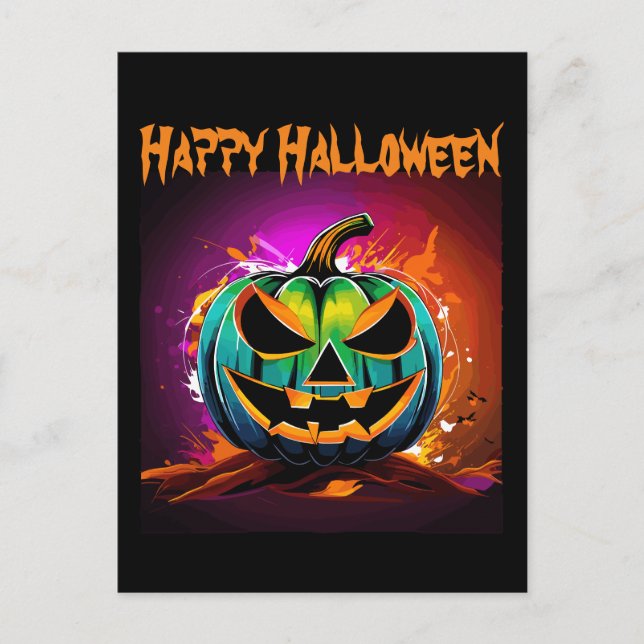 Colorful Halloween Creepy Pumpkin Black Postcard (Front)