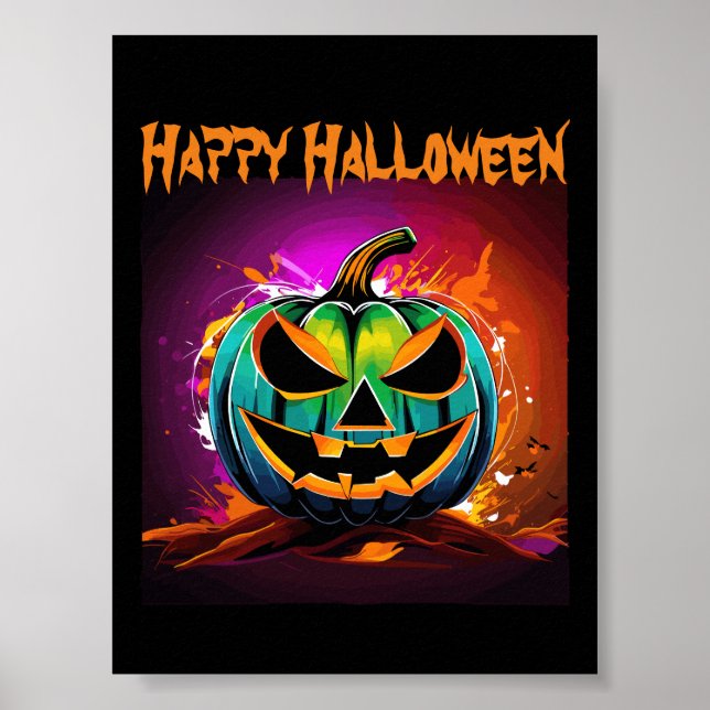 Colorful Halloween Creepy Pumpkin Black Poster (Front)