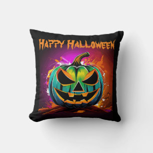 Colorful Halloween Creepy Pumpkin Black Throw Pillow