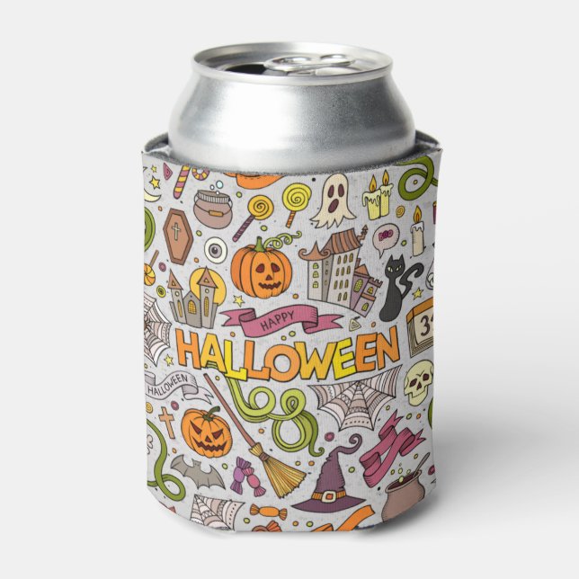Colorful Halloween Doodles Objects Pattern Can Cooler (Can Front)