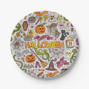 Colorful Halloween Doodles Objects Pattern Paper Plates