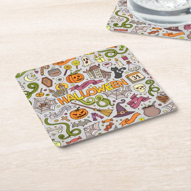 Colorful Halloween Doodles Objects Pattern Square Paper Coaster (Angled)