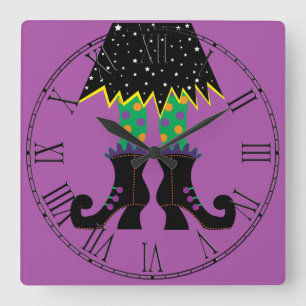 Colorful Halloween Funny Witch Feet Square Wall Clock