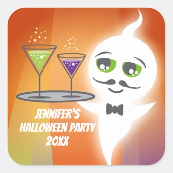 Colorful Halloween Party Ghost Waiter  Square Sticker by nyxxie at Zazzle