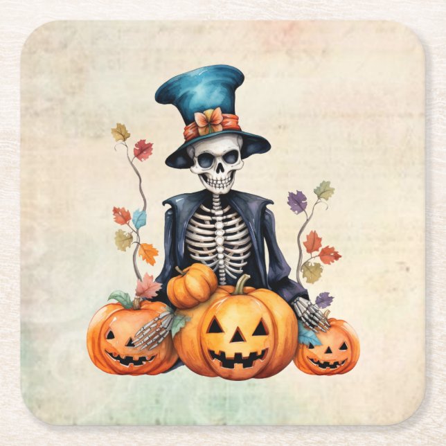Colorful Halloween Skeleton Paper Coaster (Front)