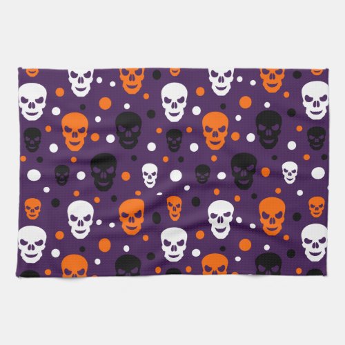 Colorful Halloween Skulls Polka Dots Pattern Kitchen Towel