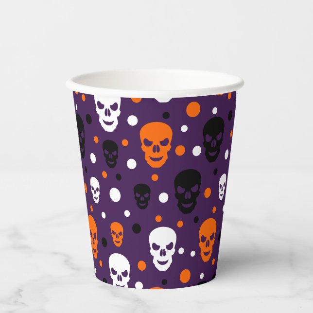 Colorful Halloween Skulls Polka Dots Pattern Paper Cups (Front)