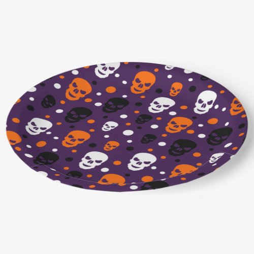 Colorful Halloween Skulls Polka Dots Pattern Paper Plates