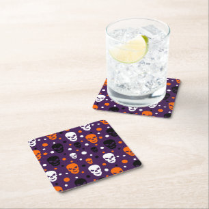 Colorful Halloween Skulls Polka Dots Pattern Square Paper Coaster
