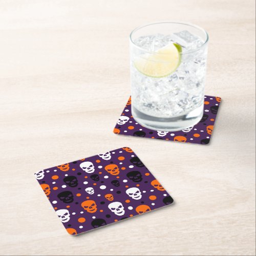 Colorful Halloween Skulls Polka Dots Pattern Square Paper Coaster