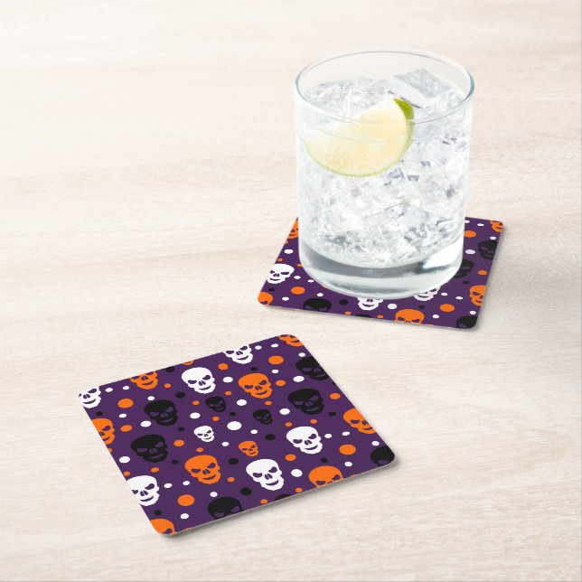 Colorful Halloween Skulls Polka Dots Pattern Square Paper Coaster (Insitu)