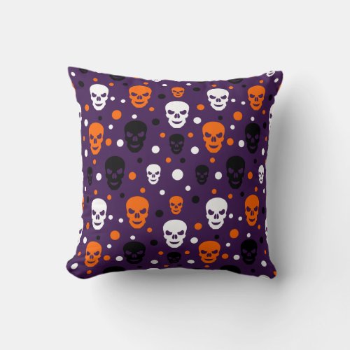 Colorful Halloween Skulls Polka Dots Pattern Throw Pillow