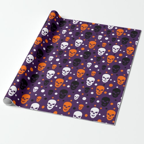 Colorful Halloween Skulls Polka Dots Pattern Wrapping Paper