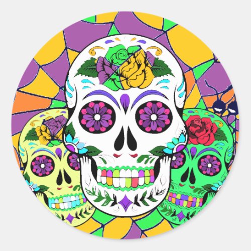 Colorful Halloween Sugar Skulls Classic Round Sticker