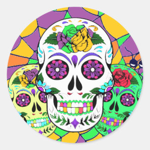 Colorful Halloween Sugar Skulls Classic Round Sticker