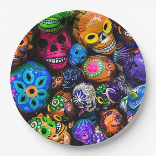 Colorful Halloween Sugar Skulls Paper Plates