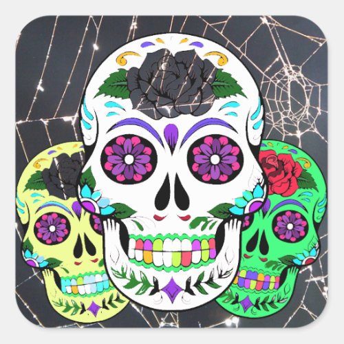 Colorful Halloween Sugar Skulls Square Sticker