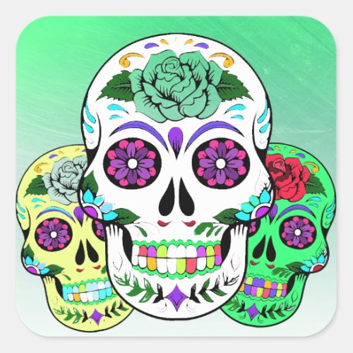 Colorful Halloween Sugar Skulls Square Sticker