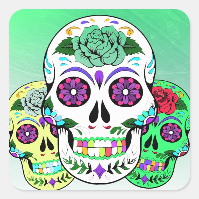 Colorful Halloween Sugar Skulls Square Sticker (Front)