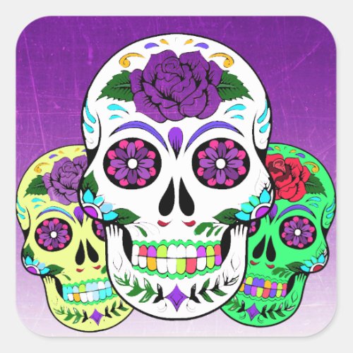 Colorful Halloween Sugar Skulls Square Sticker