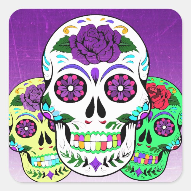 Colorful Halloween Sugar Skulls Square Sticker (Front)