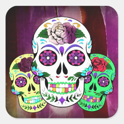 Colorful Halloween Sugar Skulls Square Sticker