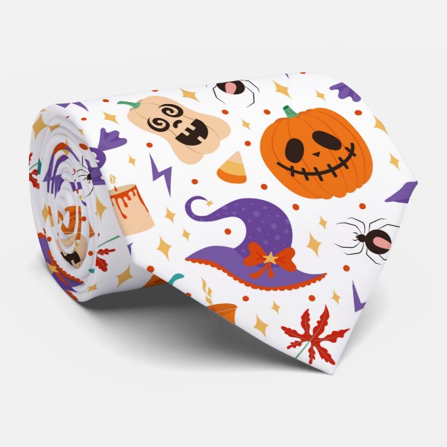 Colorful Halloween Symbols Pattern Neck Tie (Rolled)