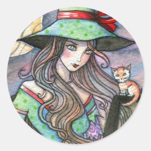 Colorful Halloween Witch and Tabby Kitten Stickers