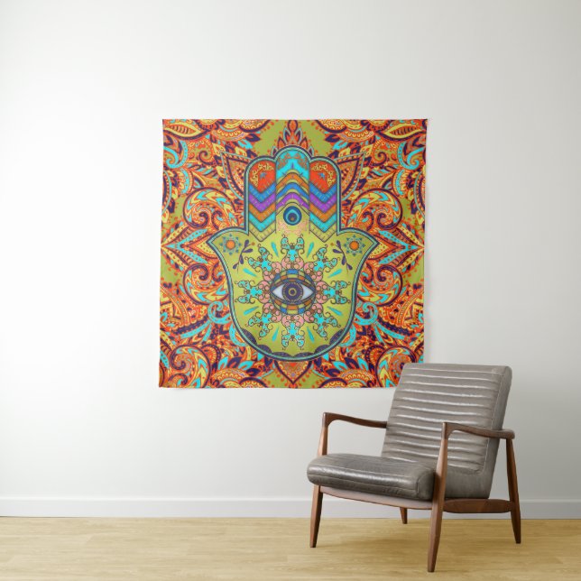 Colorful  Hamsa Hand -  Hand of Fatima Tapestry (In Situ)