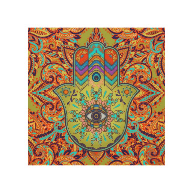 Colorful  Hamsa Hand -  Hand of Fatima Wood Wall Art (Front)