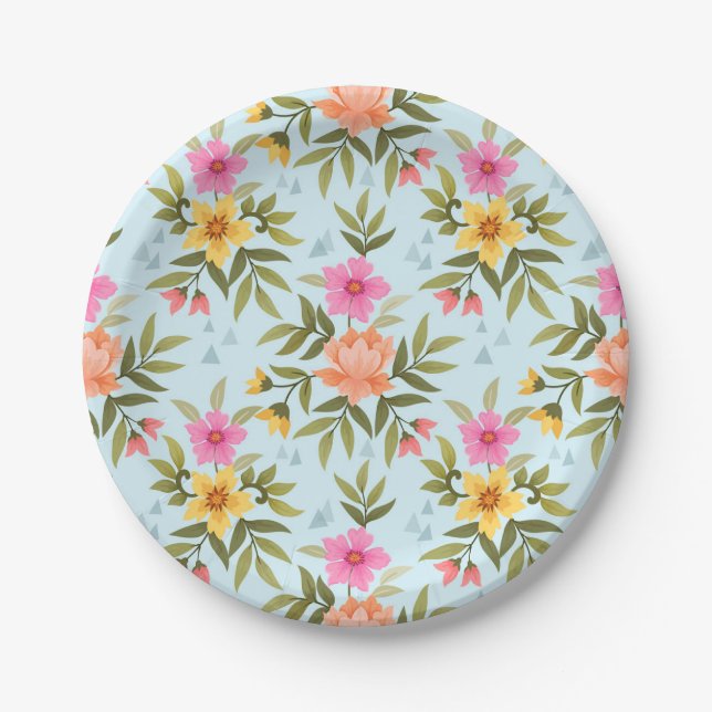 Colorful Hand Draw Flowers Paper Plates (Front)