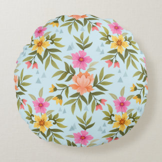 Colorful Hand Draw Flowers  Round Pillow