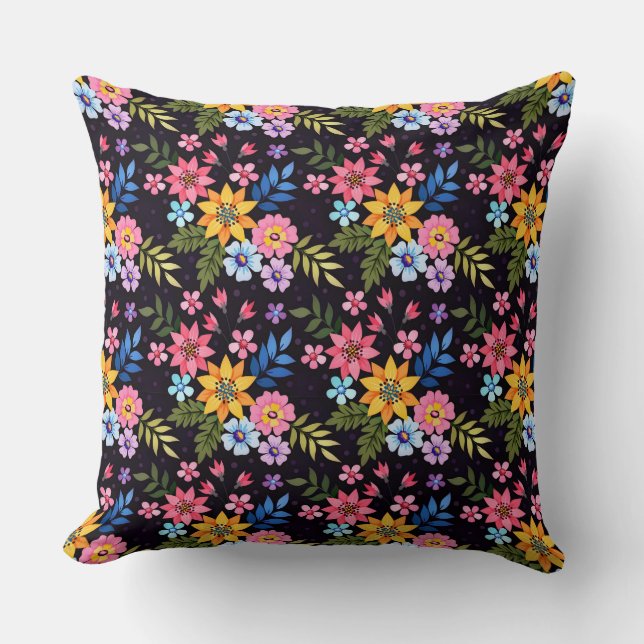 Colorful Hand Draw Flowers Seamless Pattern-5 Throw Pillow (Front)