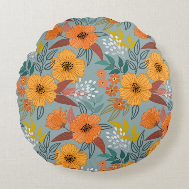 Colorful hand draw flowers seamless pattern round pillow (Front)