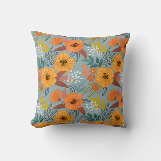 Colorful hand draw flowers seamless pattern throw pillow (Front)