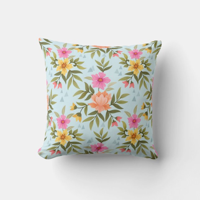Colorful Hand Draw Flowers Throw Pillow (Front)