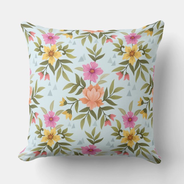 Colorful Hand Draw Flowers Throw Pillow (Front)